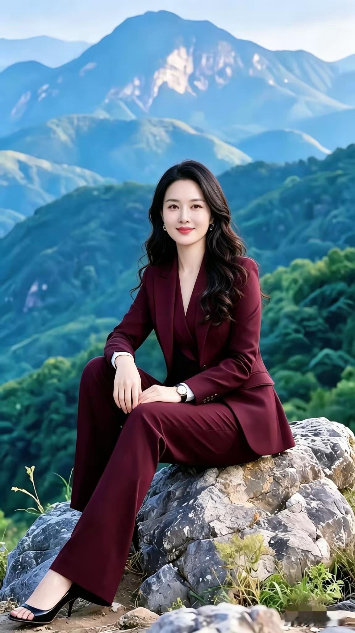 她坐在山头，风景美如画。