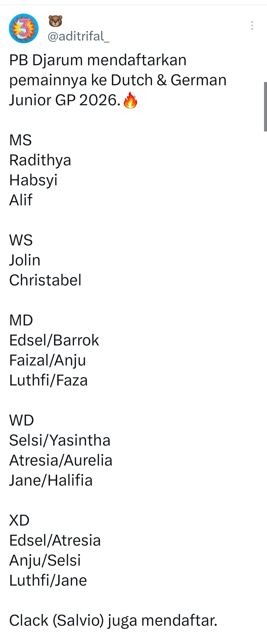 印尼队荷青＆德青报名 