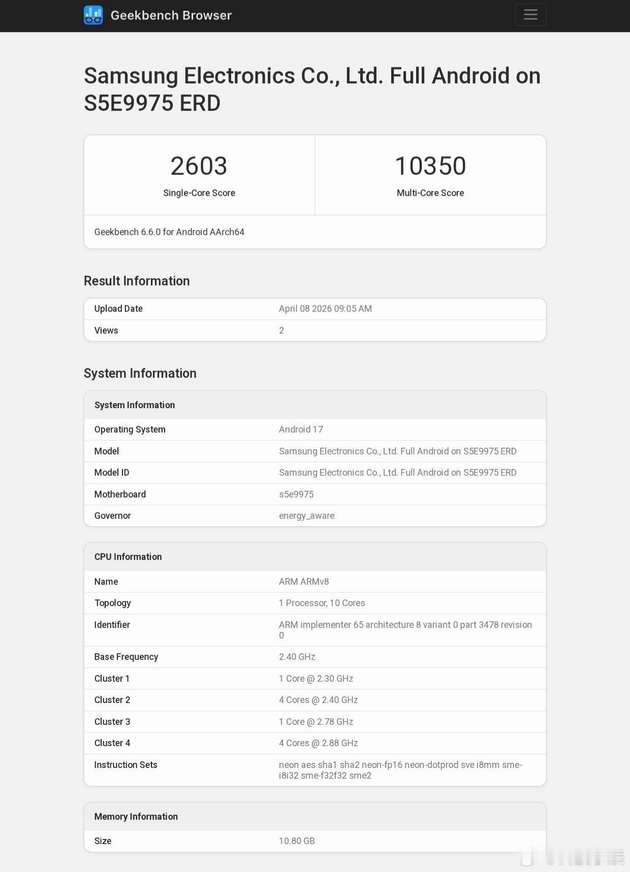 三星这猎户座2700跑分出来了，单核2603，多核10350。多核终于破万了，单