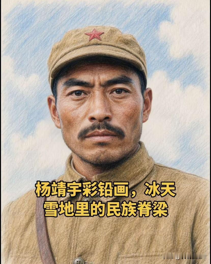 画中的杨靖宇头戴标志性的红星军帽，身穿土黄色抗联制服。面部刻画极其传神：浓密的眉