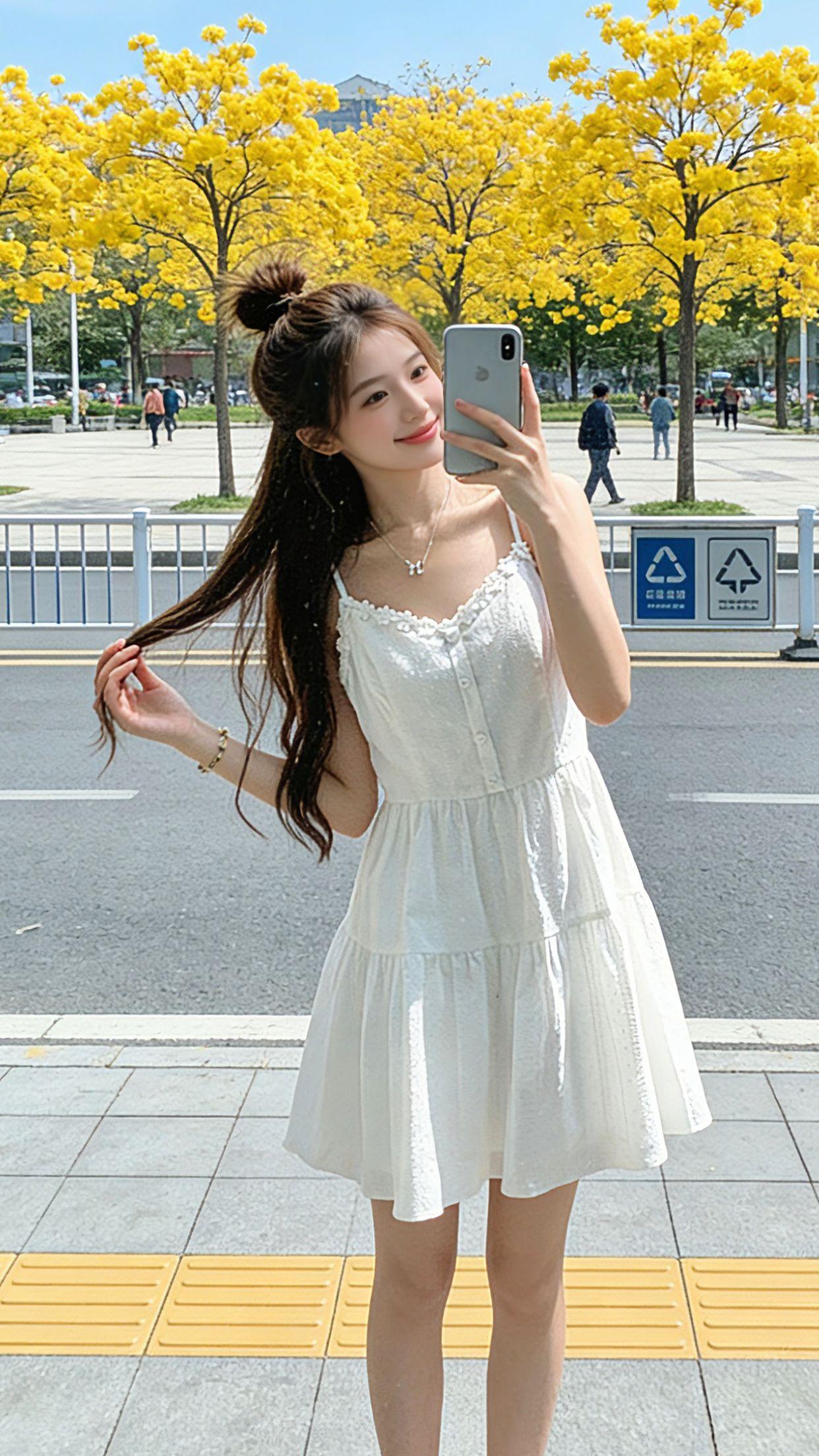 走在开满黄花风铃木的街头，这条小白裙直接戳中我的少女心！精致蕾丝花边温柔灵动，宽