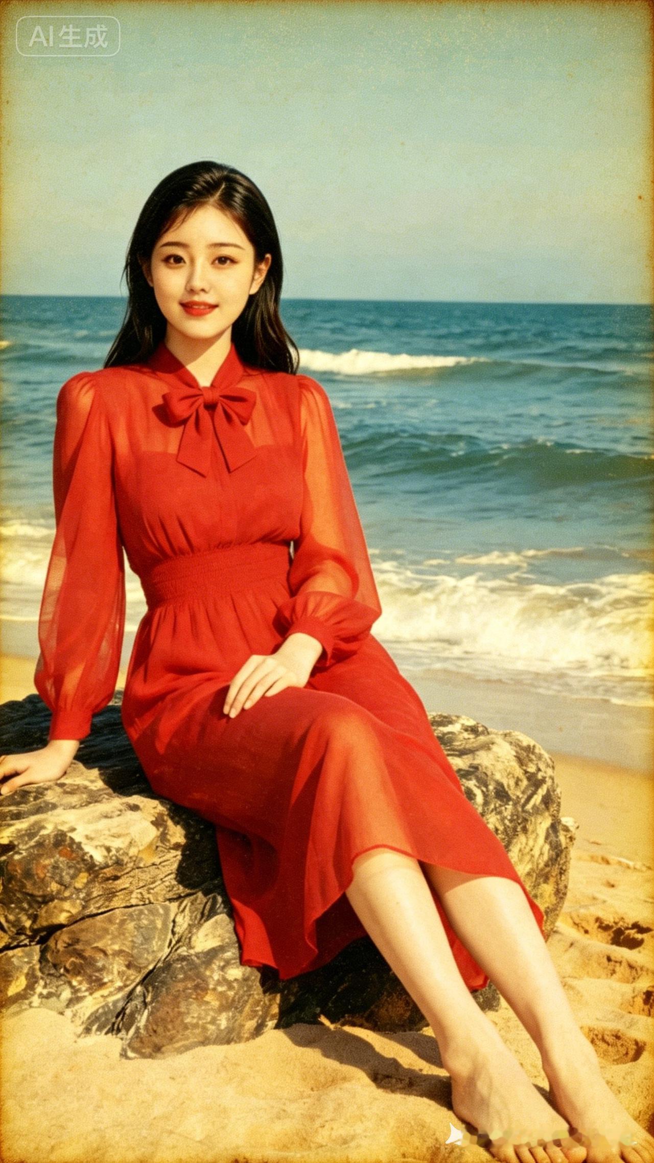 海边红裙少女，温柔海风轻拂，浪漫时光定格。🌊💖