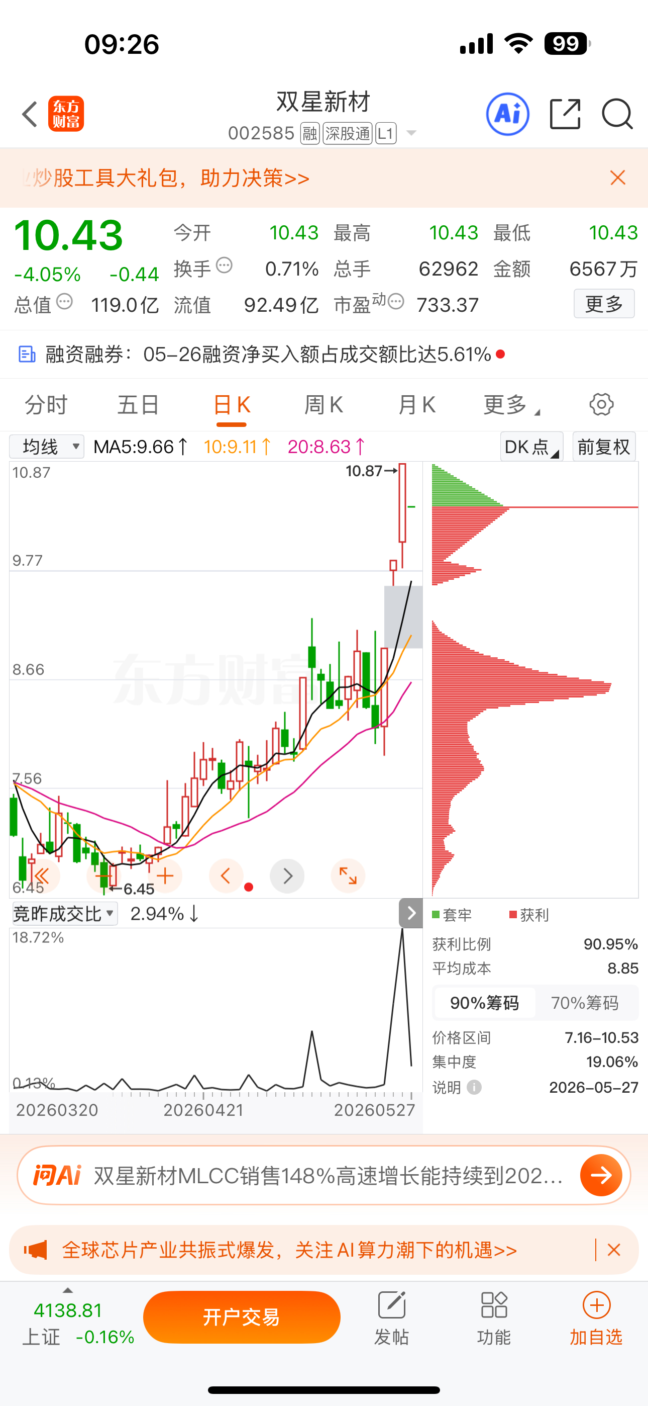 逢低关注：$双星新材 sz002585$ 