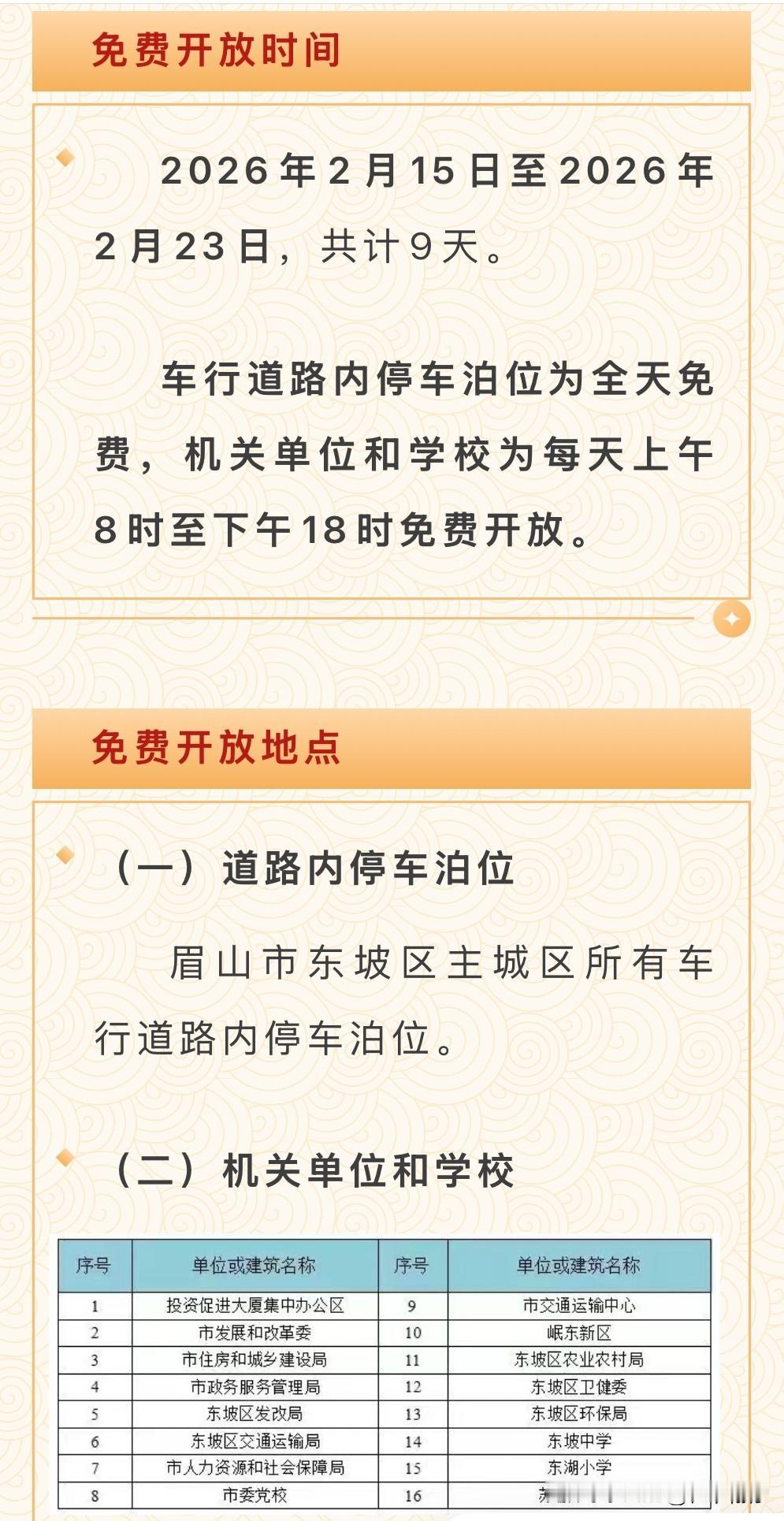 眉山春节福利来袭！主城区停车全免费，部分机关学校敞开大门！

       春节