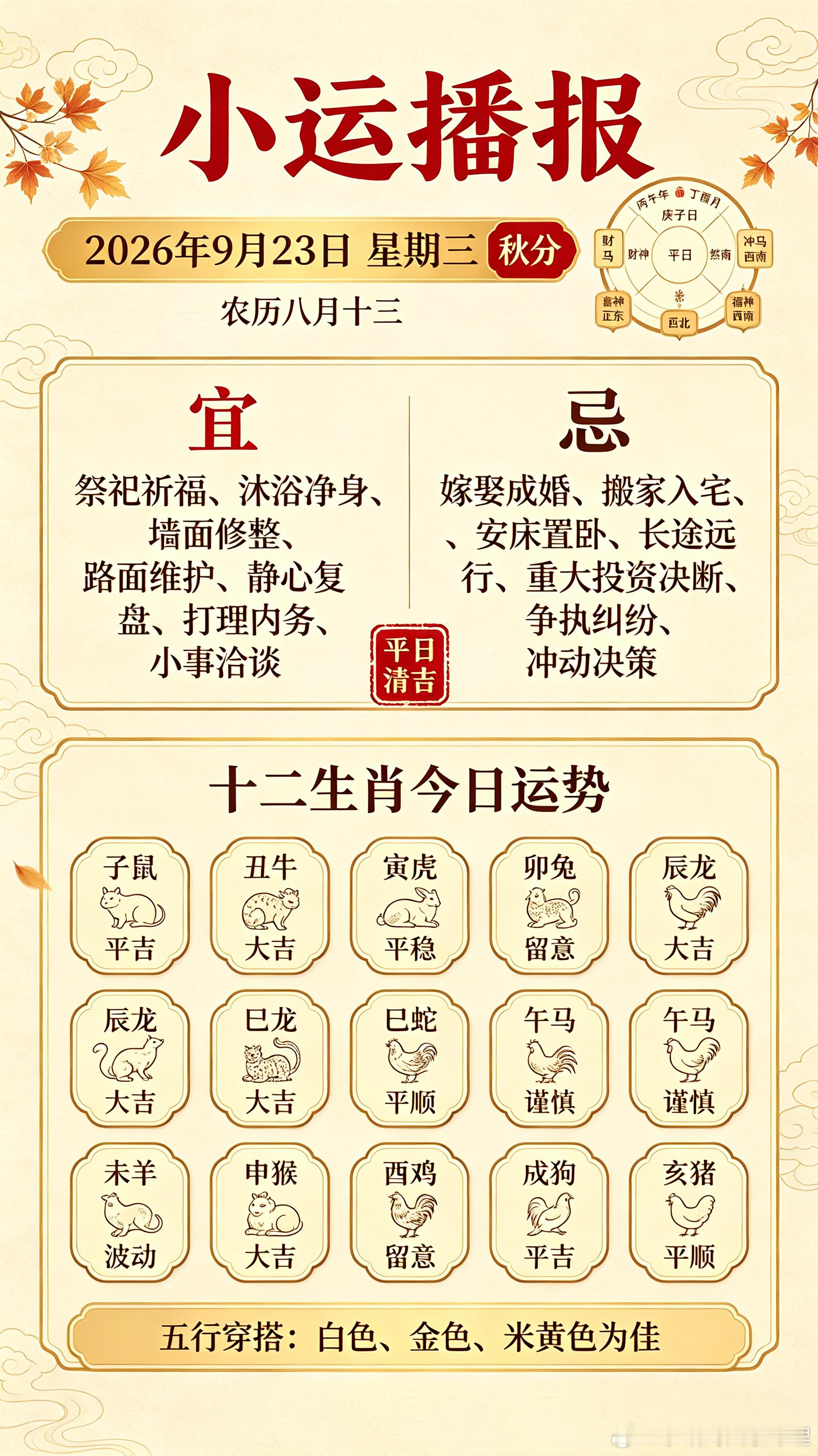 小运播报📅公历：2026年9月23日 星期三｜秋分🌕农历：八月十三✨干支：丙