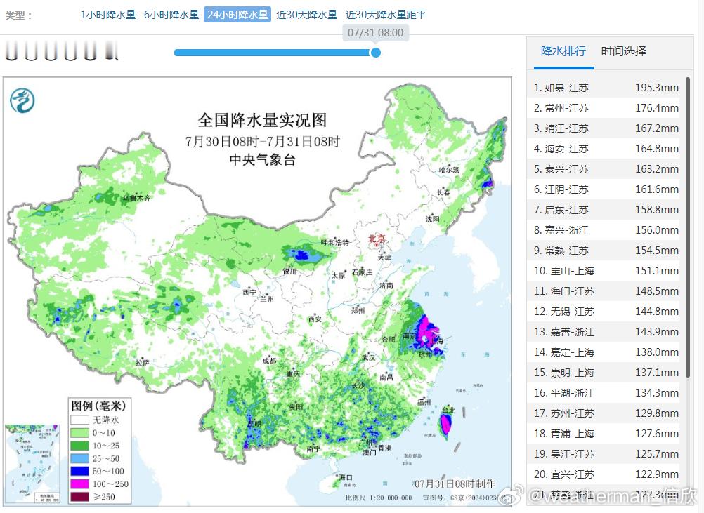 【强降雨】昨天到今晨，因为台风竹节草影响，江浙沪多地出现暴雨-大暴雨，区域自动站
