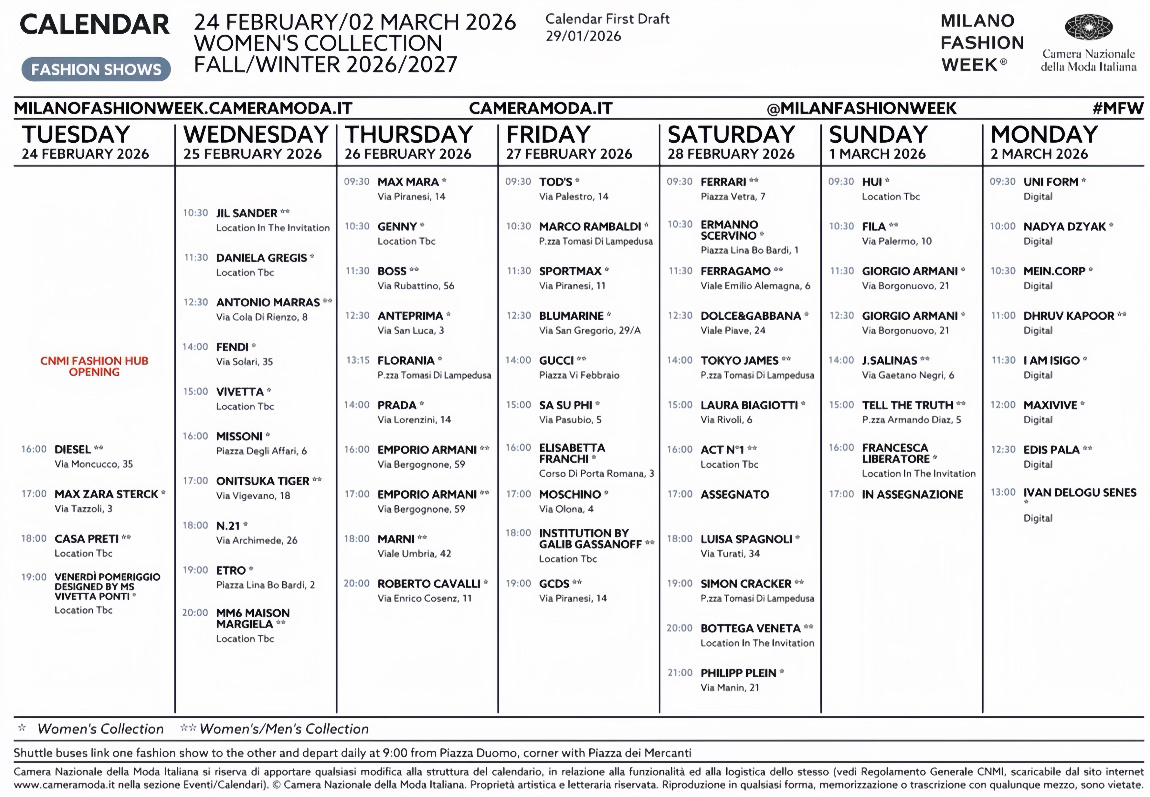 2026秋冬米兰时装周日程公布📍Demna入主Gucci 首个T台时装秀即将到