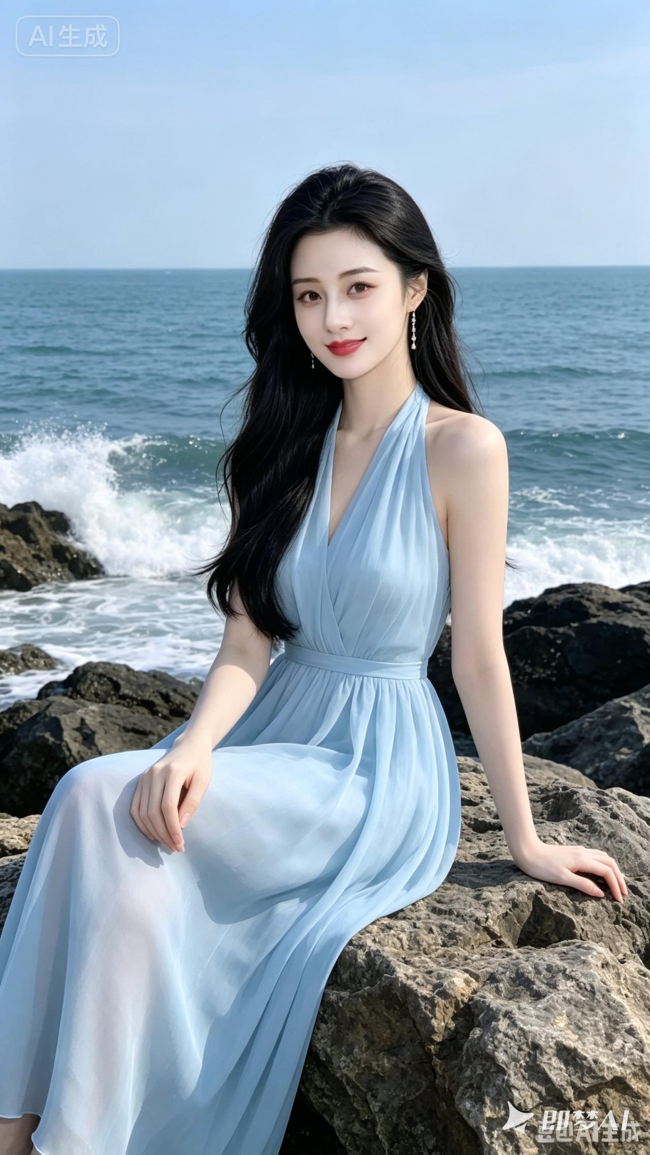 海边轻纱裙，温柔海风中，优雅动人。