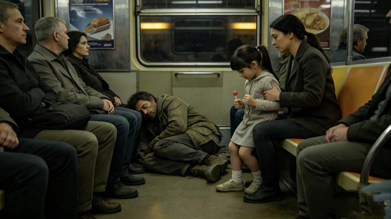 地铁里一对母女。女儿五六岁，手里攥着根棒棒糖。
对面有个流浪汉，衣服破旧，蜷在角