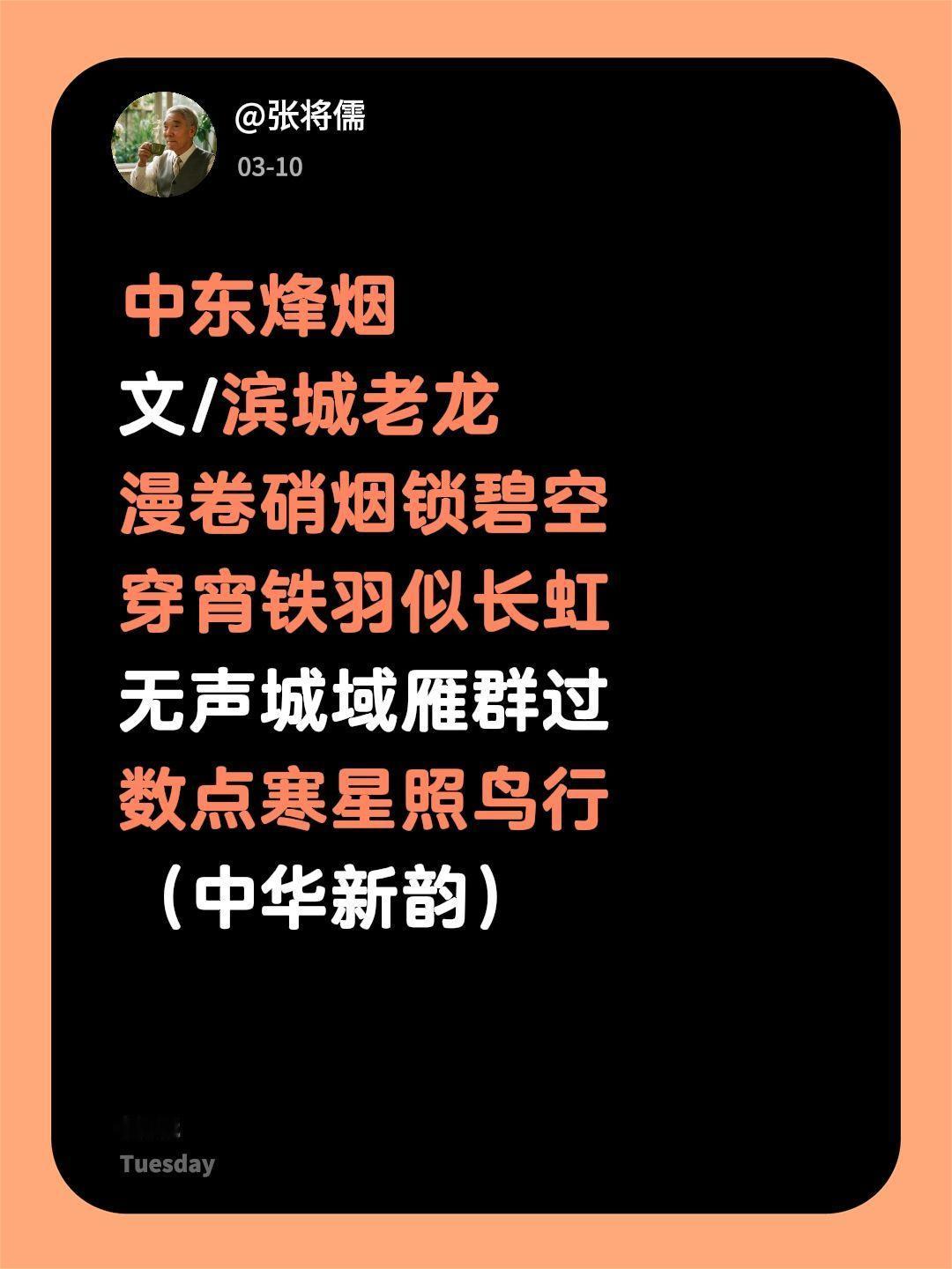 中东烽烟
文/滨城老龙
漫卷硝烟锁碧空
穿宵铁羽似长虹
无声城域雁群过
数点寒星