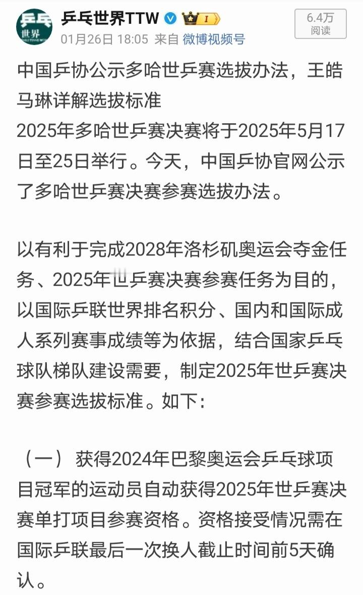 根据中国乒协多哈世乒赛选拔标准第（一）项的规定，巴黎奥运会男单女单冠军樊振东陈梦