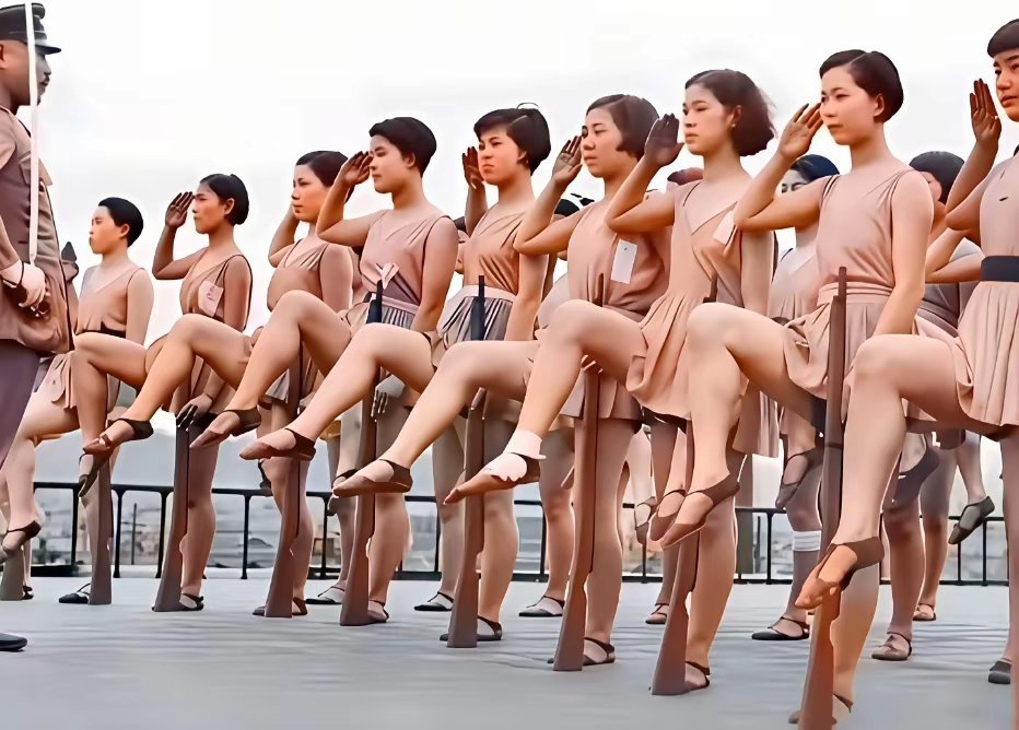 1942年日本大阪一群合唱团的少女被要求接受军事训练时的一幕。 