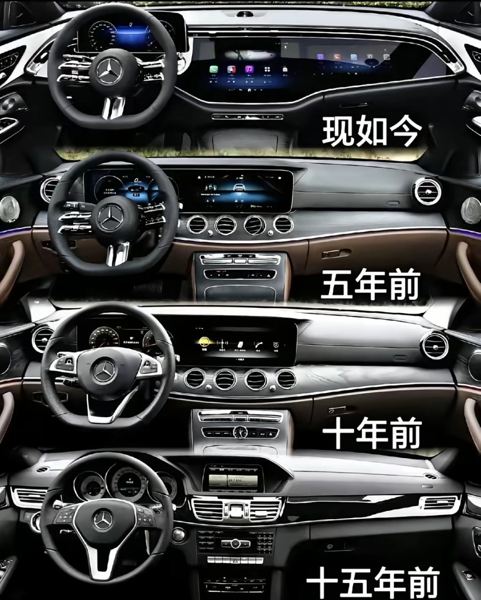 奔驰汽车中控台变化。现在的汽车为了智能化，中控台增加了越来越多的电子屏幕，机械的