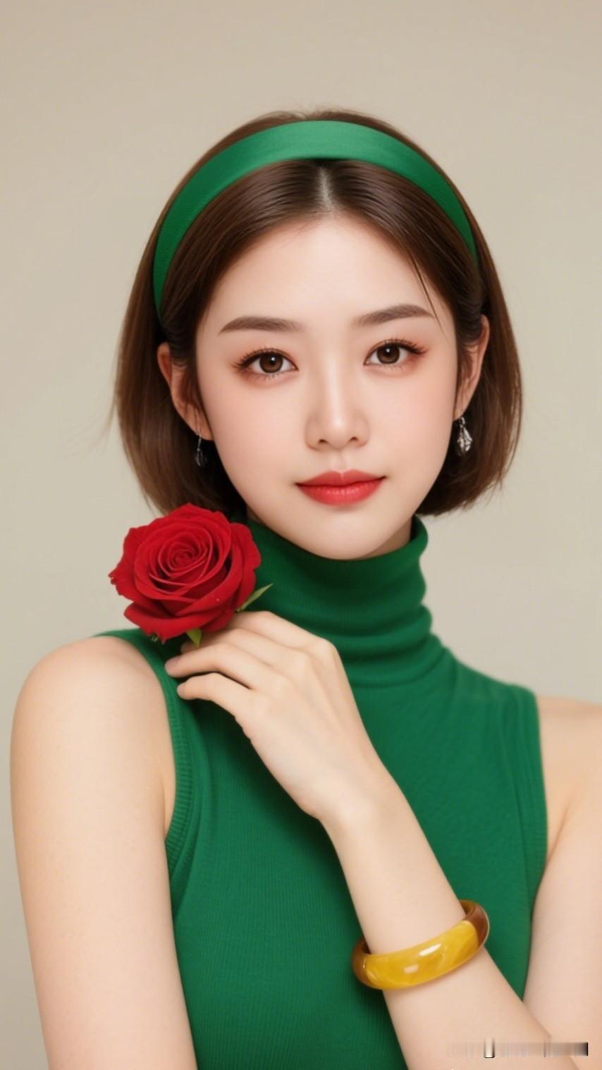 红玫瑰映绿衣，美人如画意。看看你们偶像的美照可以嘛 复古风穿搭 绿色高领毛衣搭配