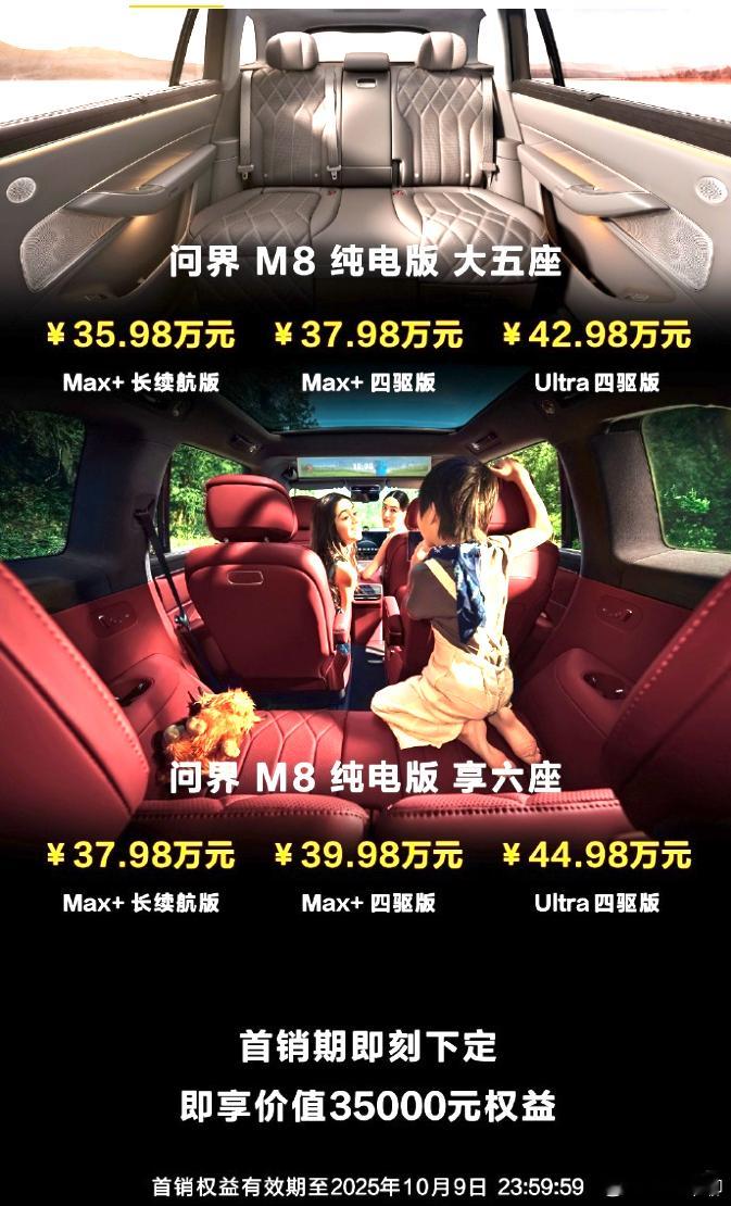 现在动力电池是便宜了。问界M8增程版35.98万起。问界M8纯电版35.98万起