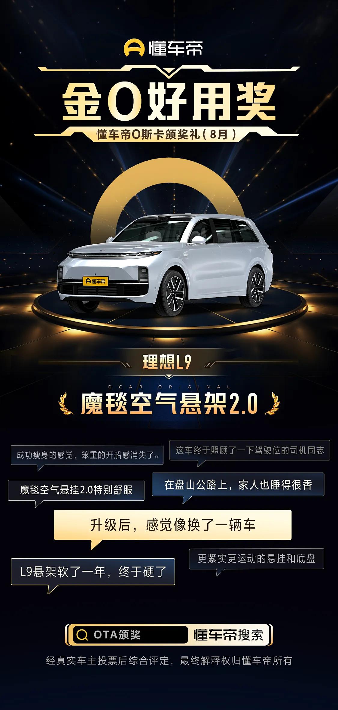 前一段参加了D车帝的OTA奖评选活动。

最佳的是理想L9魔毯空气悬架2.0，这