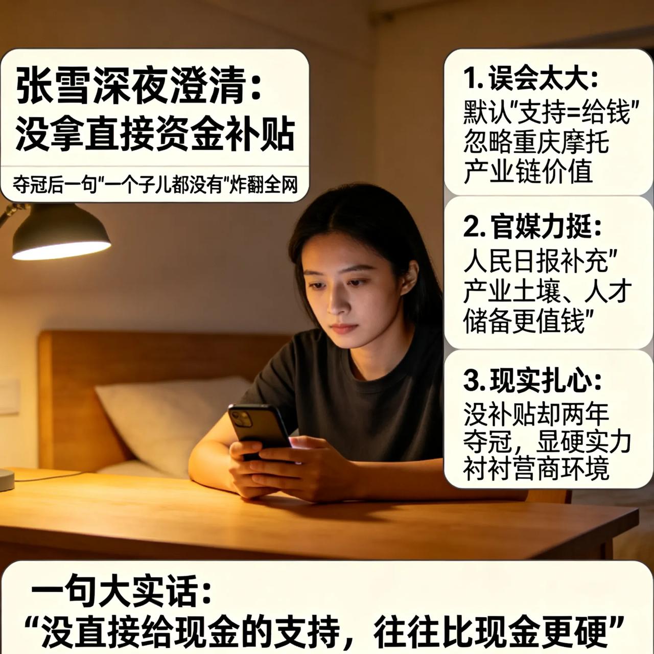 张雪深夜澄清！一句“没补贴”惹怒全网，真实原因太现实了！
 
张雪机车夺冠后，一