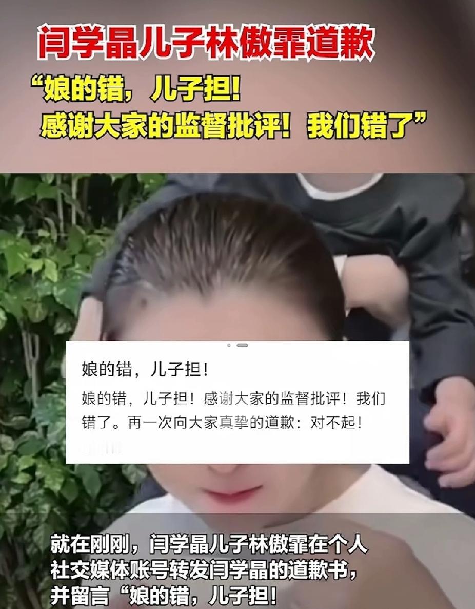 闫学晶的儿子说，娘的错，儿子担，，笑不活了，还儿子担，你拿什么担，能担起来的人首