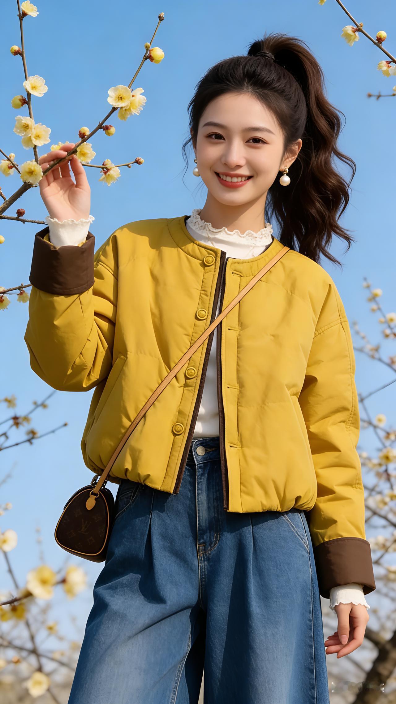 25岁高挑亚洲模特，棕高马尾卷发，冷白皮鹅蛋脸五官立体，穿同款棉服配蓝阔腿牛仔裤