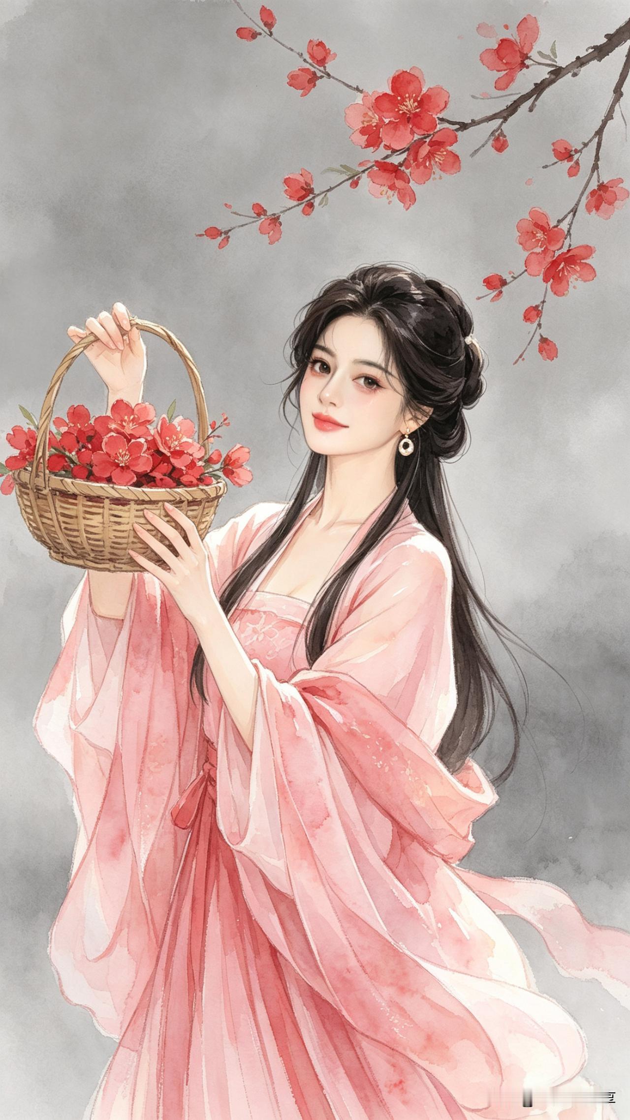 鹧鸪天·桃夭

灼灼夭桃映粉腮，竹篮新采带露开。
云鬟半挽垂青丝，素袖轻扬入画来