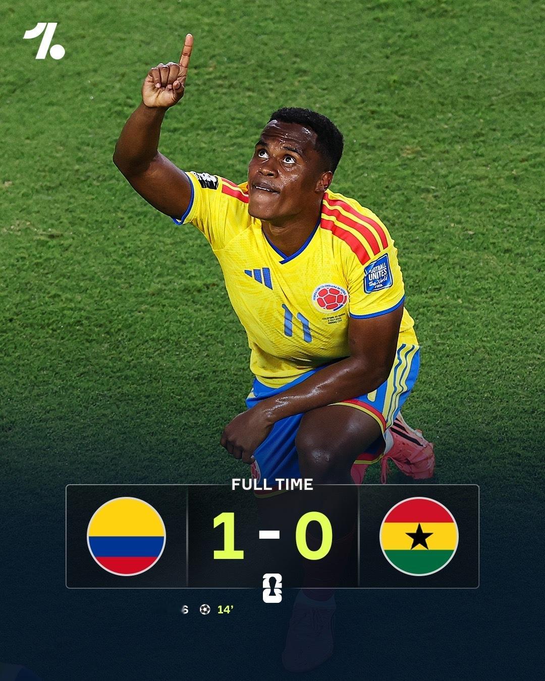 美加墨世界杯，哥伦比亚🇨🇴1比0战胜加纳🇬🇭，晋级16球，下一轮将对阵瑞