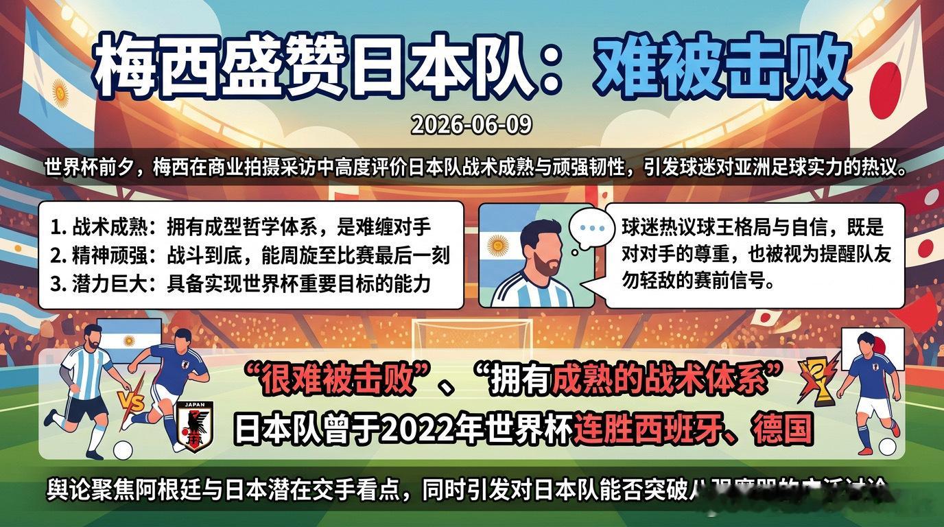 梅西此次评价出自2026年美加墨世界杯前的一则商业拍摄。他在担任足球游戏《eFo