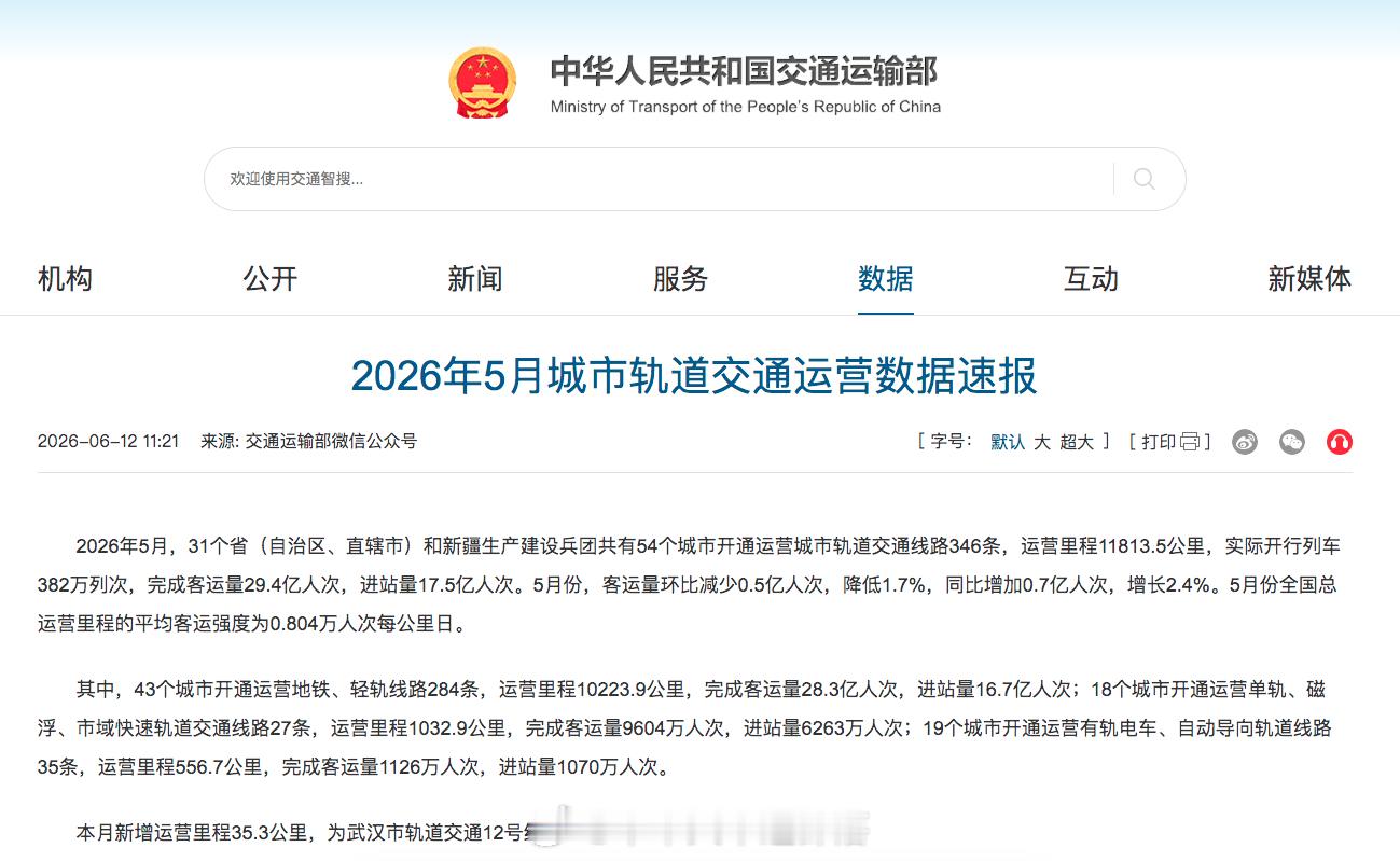 国铁头条【交通部发布5月全国城市轨道交通运营数据】交通部官网6月12日消息：截止