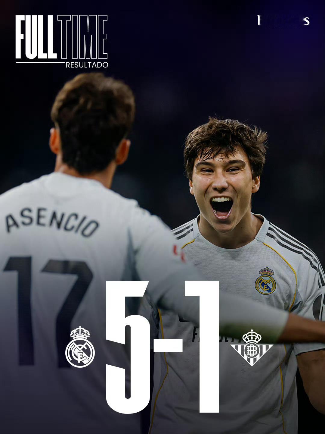 皇家马德里在2026赛季首场西甲对决中，以5-1主场大胜皇家贝蒂斯，取得各赛事四