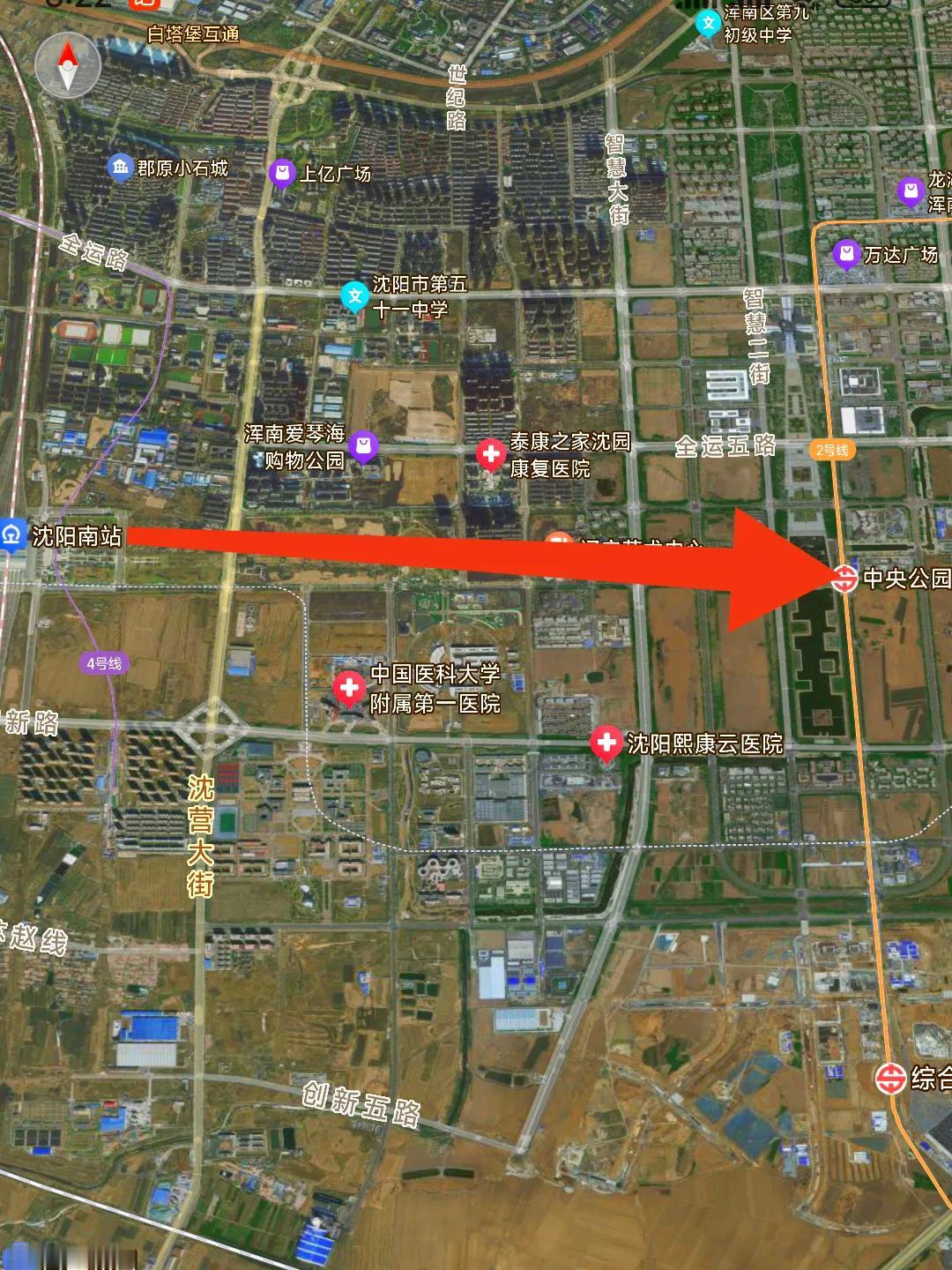 看来沈阳修建地铁10号线二期真的是充满大智慧，我要为沈阳点赞。从图上看沈阳南站到