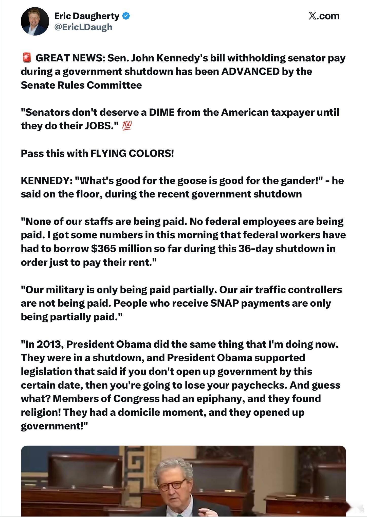 共和黨參議員約翰・甘迺迪（John Kennedy）提出的一項法案——在政府停擺