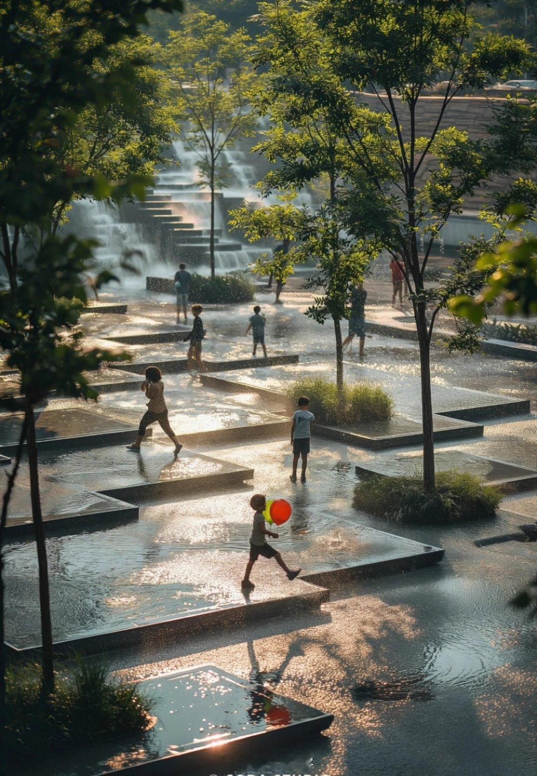 城市里的公园，除了绿化还可以多些互动水系。#遇见艺术# ​​​