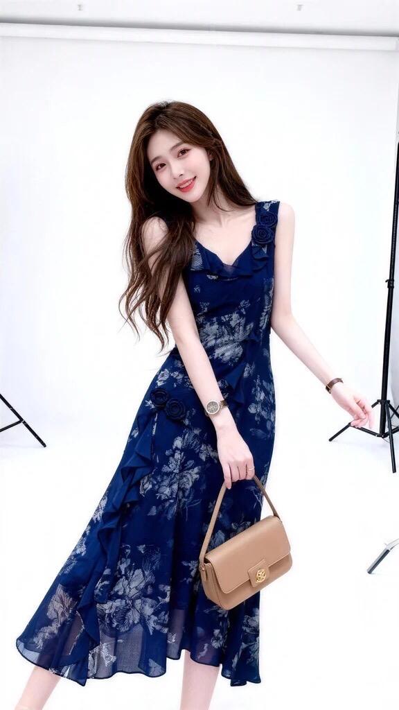 仙女吊带连衣裙 鱼尾吊带连衣裙 同款蓝色连衣裙 无袖鱼尾连衣裙 吊带鱼尾连衣裙