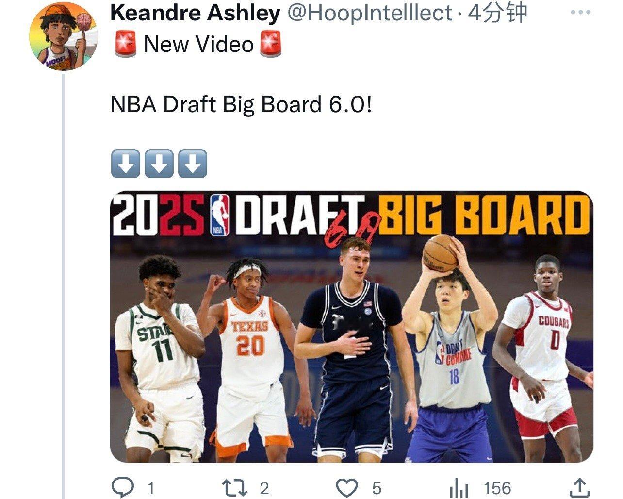 杨瀚森在Ashley最新一期新秀预测大榜里排第41位。 nba选秀大会 ​​​