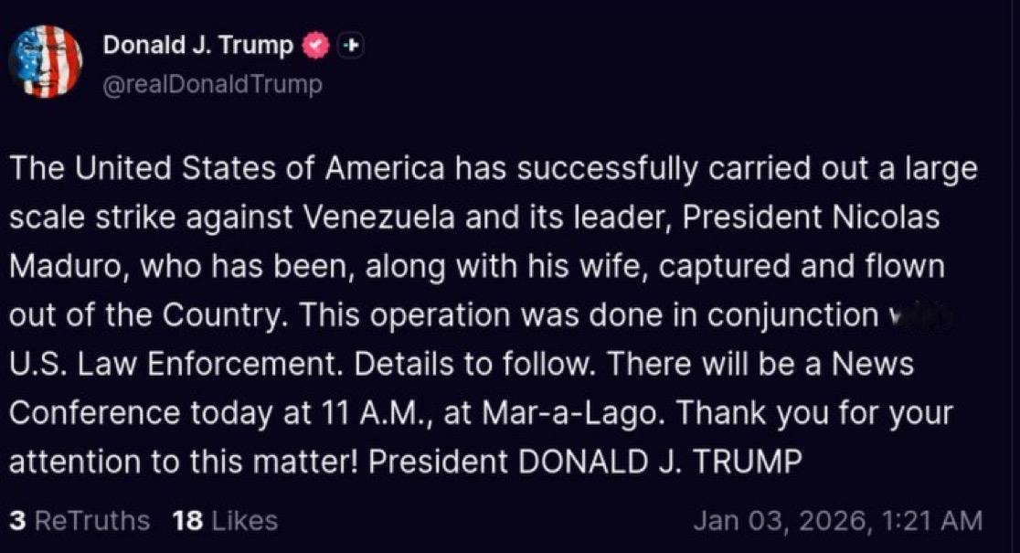 突发新闻：特朗普总统宣布，美军已经俘虏了委内瑞拉总统尼古拉斯·马杜罗及其妻子。