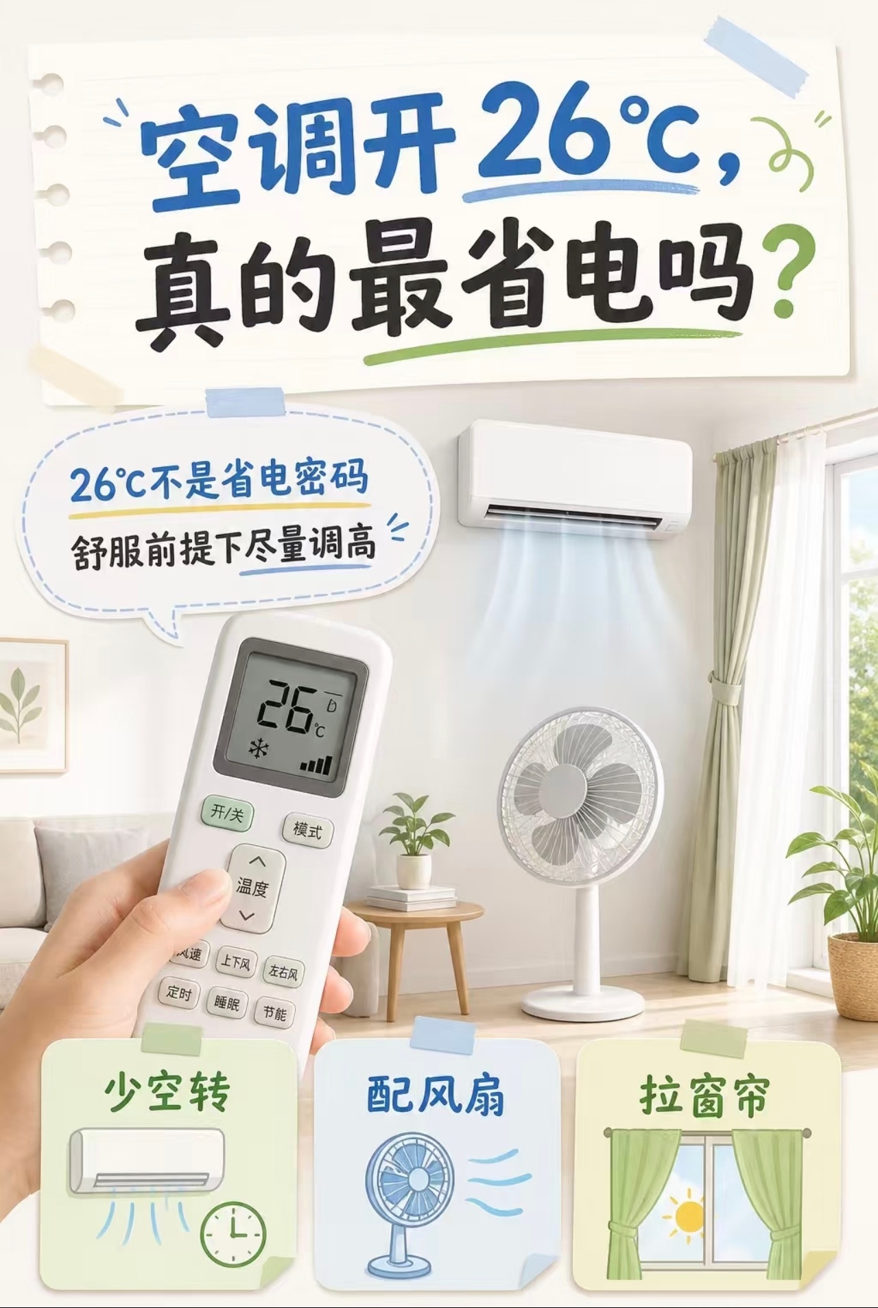 空调并不是开26度最省电很多人都误以为26℃是空调专属省电密码，其实这个温度只是