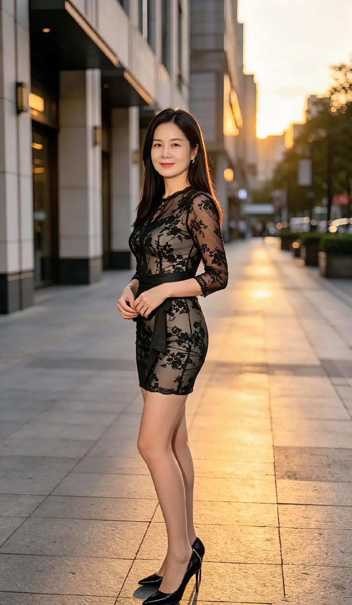 夕阳怎把街道铺成了金缎？

黑蕾丝轻裹优雅，高跟叩响傍晚。

回眸一笑，温柔不闪