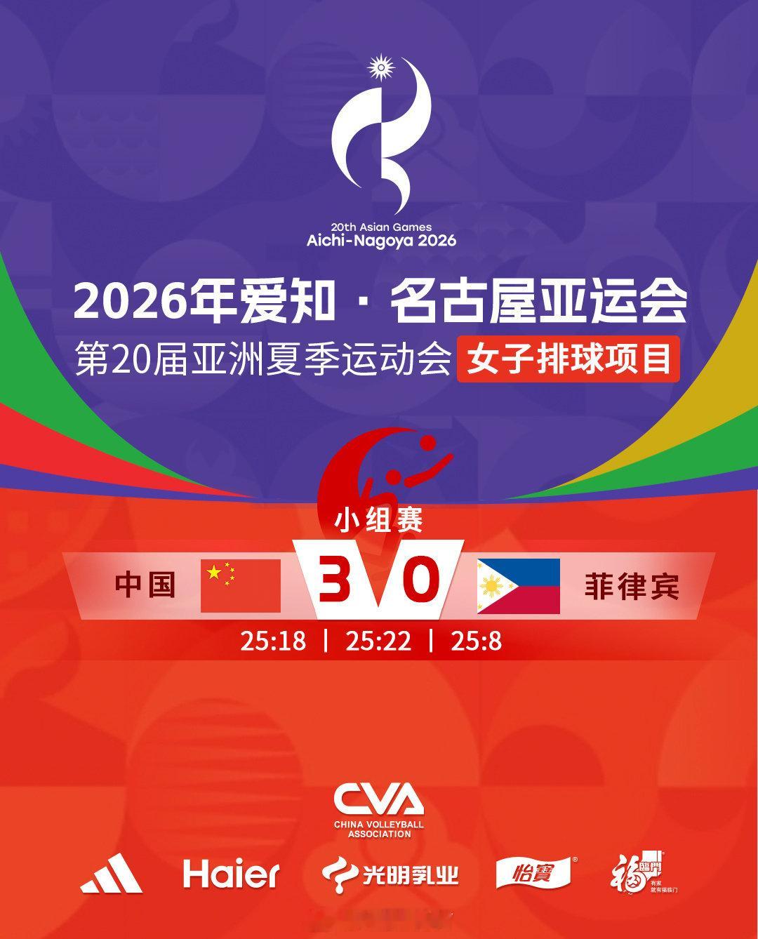 中国女排3比0菲律宾中国女排亚运会开门红2026名古屋亚运会女排小组赛，中国女排