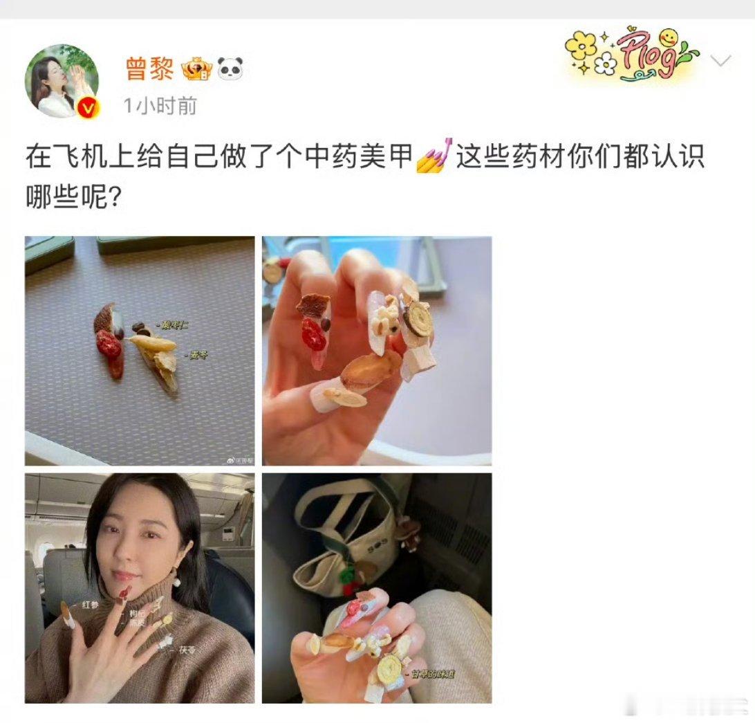 曾黎飞机上做了个中药美甲 饿了还可以辩二片下来泡水喝吗？[喵喵][喵喵]哈哈哈开