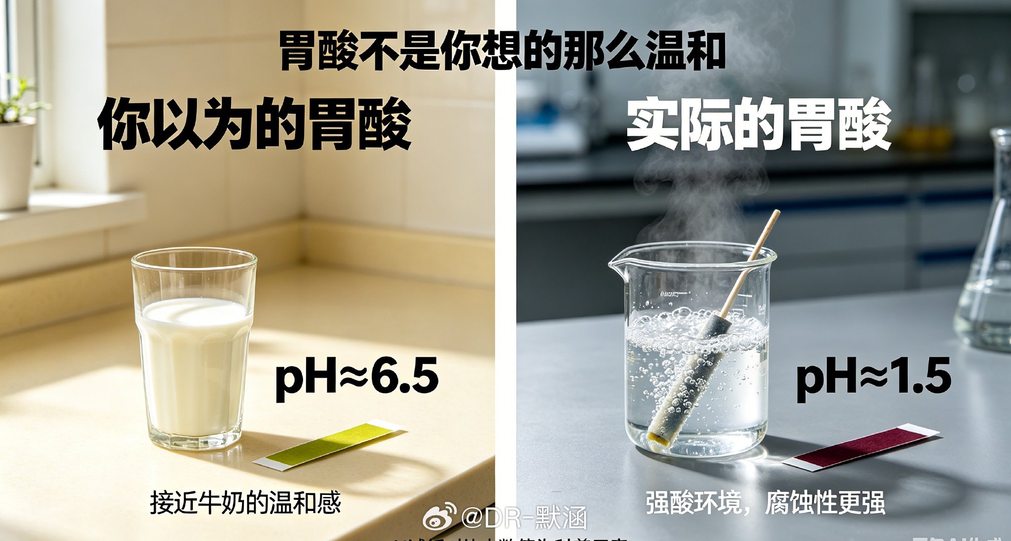 你的胃里装着一池“强酸”：胃酸pH值低至1.5，酸度和稀盐酸差不多，甚至能溶解硬