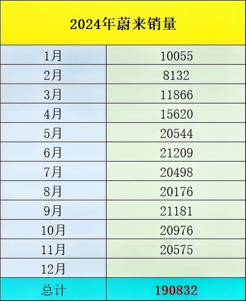 2024年蔚来汽车的销量真不错
1-11月份，有7个月份破2万台
12月份，有望