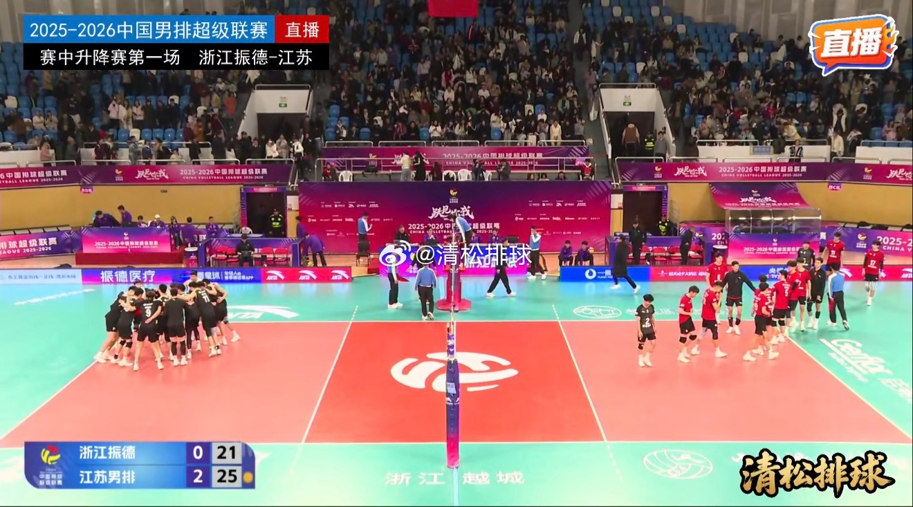 【赛中升降赛首回合 江苏男排横扫浙江】2025-2026中国男排超级联赛赛中升降