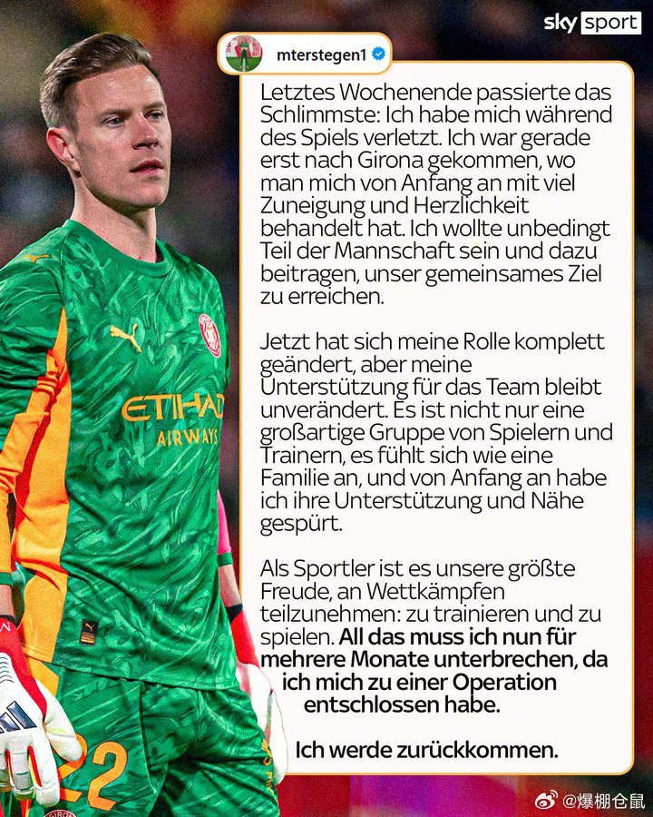 【伤停】33岁的巴萨门将特尔斯特根通过Instagram谈到了大腿伤势，他将在本