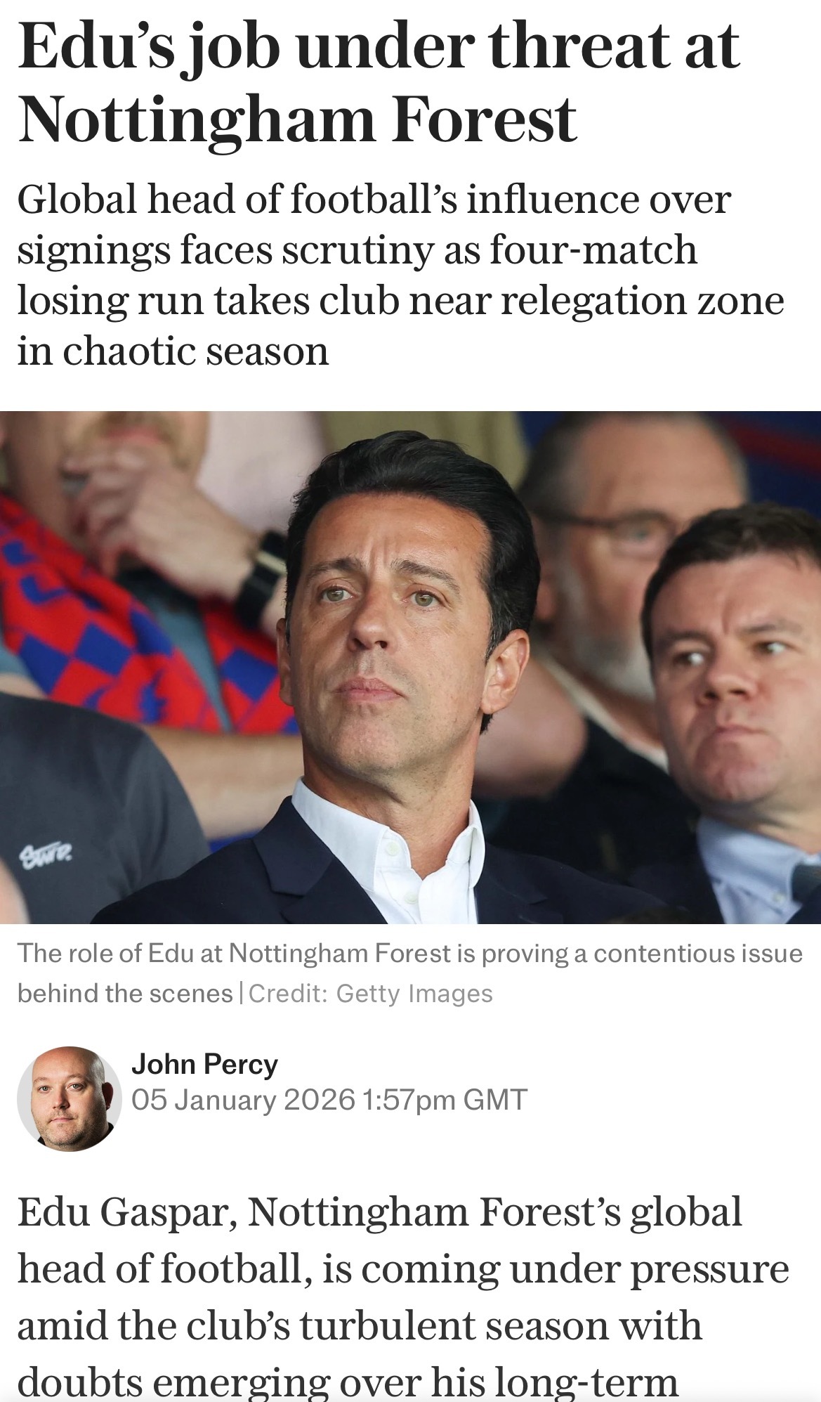 电讯报John Percy：诺丁汉森林足球俱乐部全球足球总监埃杜，在球队动荡的赛