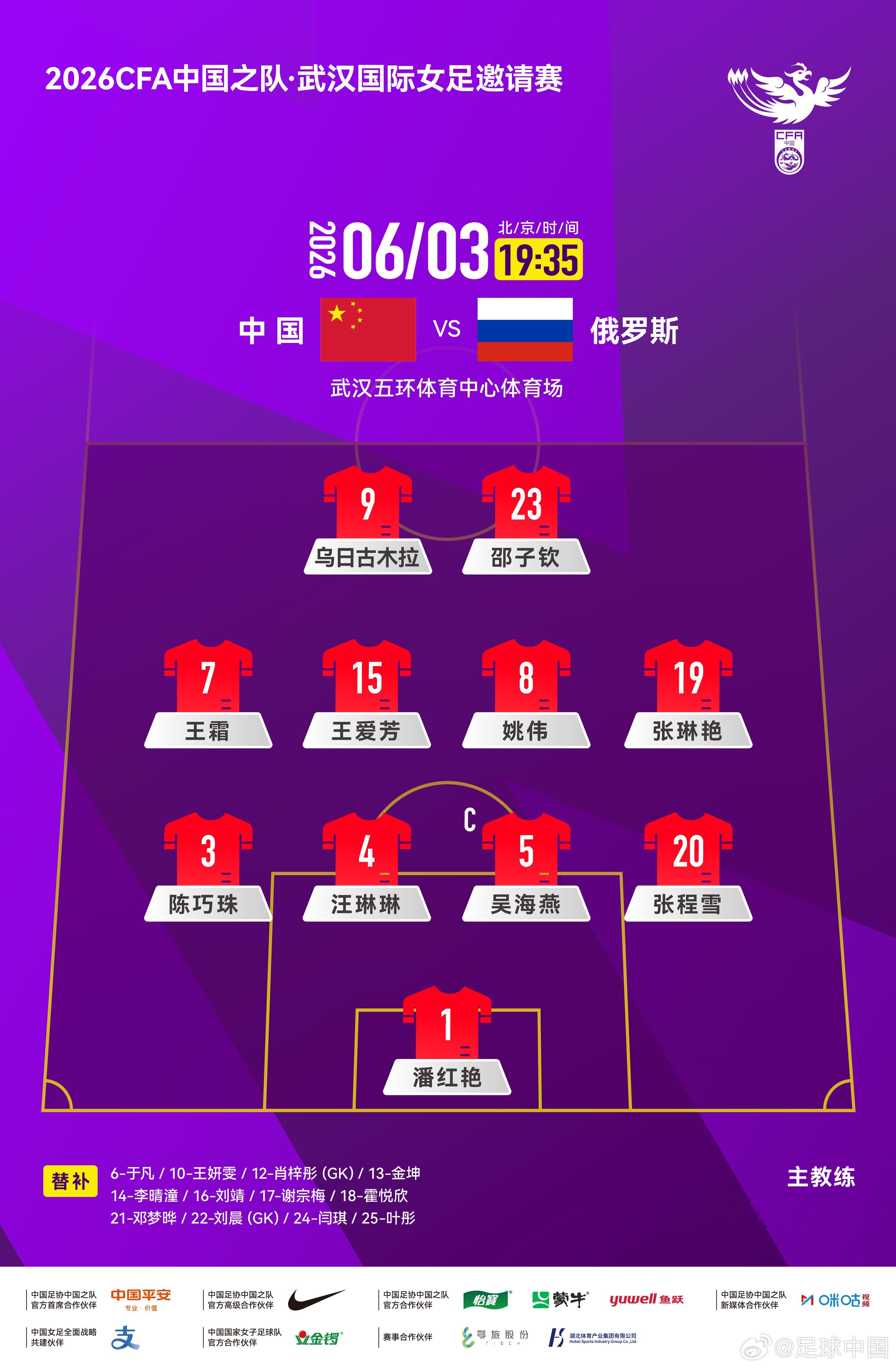 2026CFA中国之队·武汉国际女足邀请赛，中国女足对阵俄罗斯女足，中国队公布首