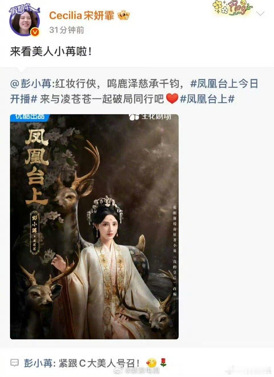 彭小苒新剧《凤凰台上》今日开播，浪姐6姐姐们在微博团建打call，罗予彤、李晟、