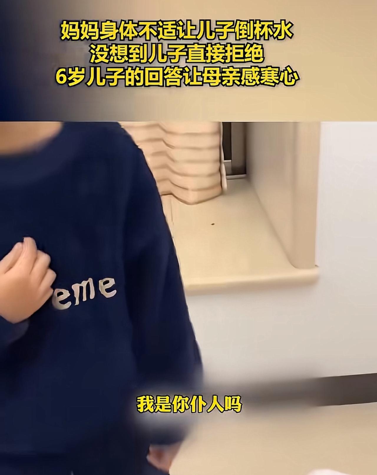 妈妈：儿子，我渴了，给我倒一杯水。
六岁的儿子：我是你的仆人吗？我是你的仆人吗?