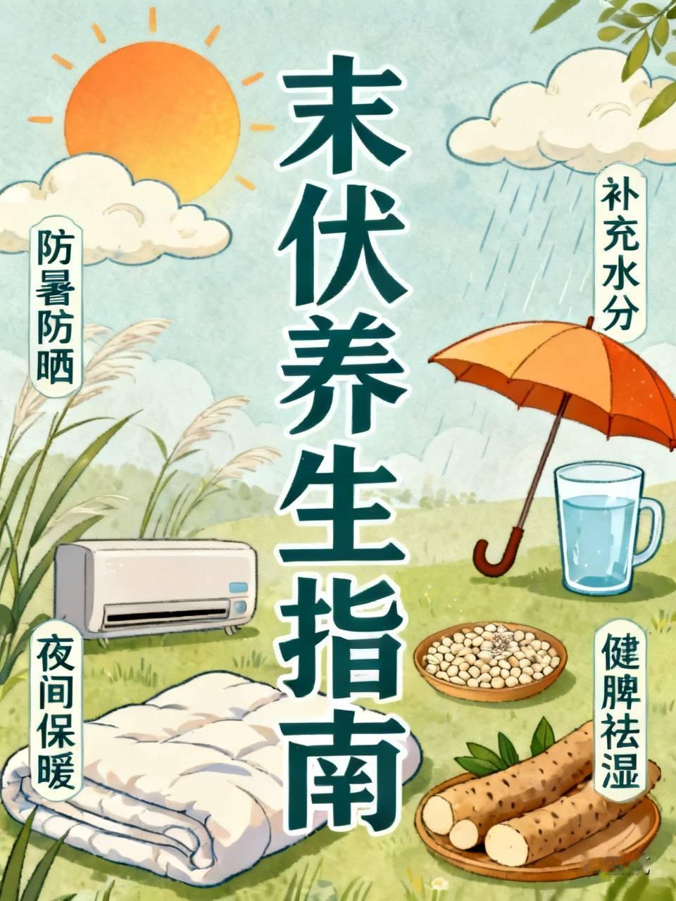 未伏季节注意事项
末伏到了，中午热得像蒸笼，晚上却有了丝丝凉意，这天气变化对身体