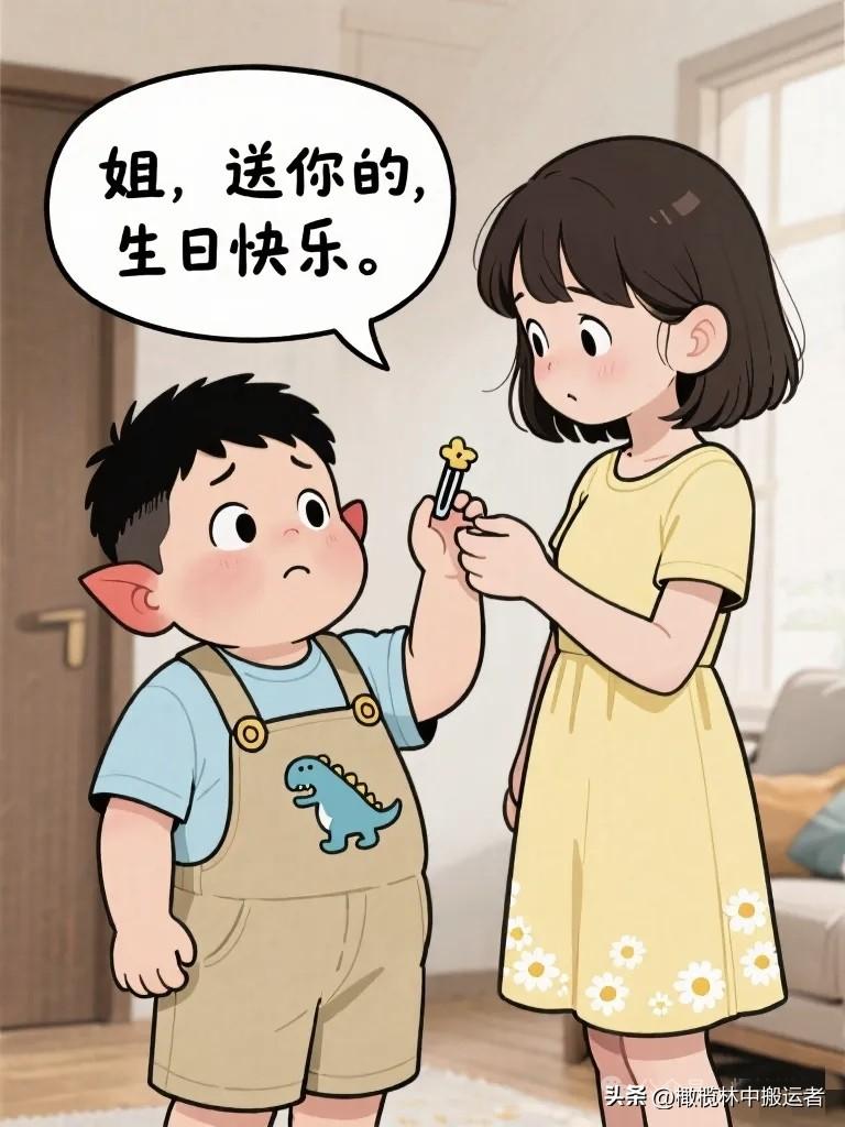 搞笑漫画：弟弟存了两个月零花钱，给姐姐买了一个发卡，紧张地递过去：“姐，生日快乐