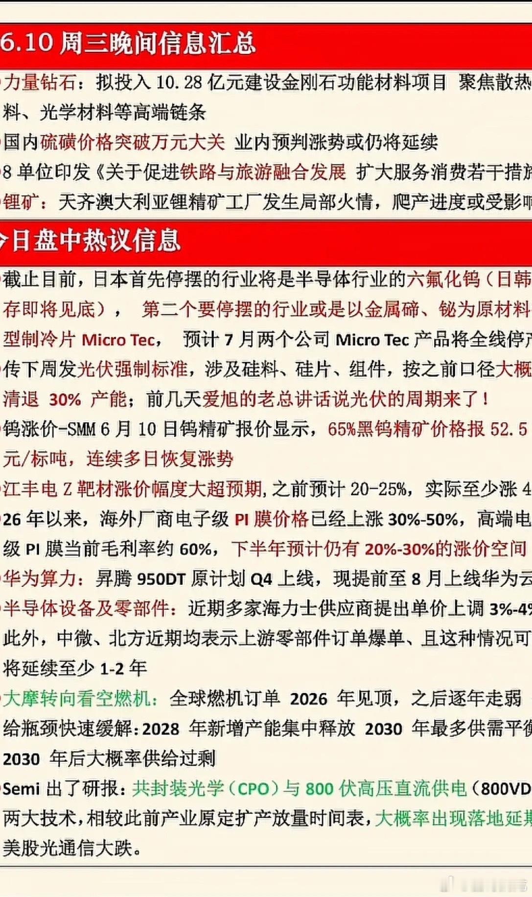 6.10晚间重磅汇总：涨价潮席卷多赛道，半导体、光伏、算力再迎催化周三晚间市场信