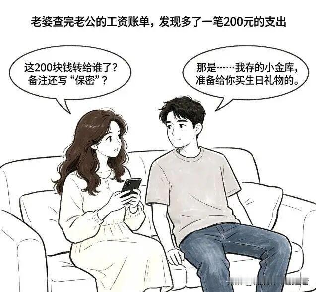 趣味漫画:客厅里，老婆指着一笔200元支出问老公：这200块转给谁？还备注保密？